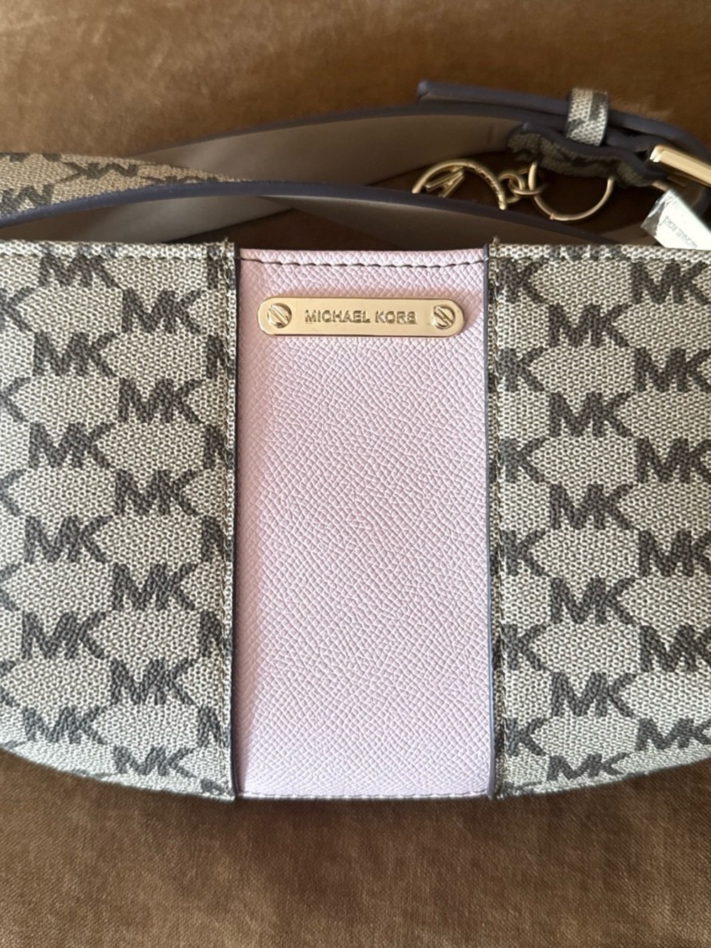 Michael Kors Pink and Logo Canvas Shoulder Bag with Gold Plaque